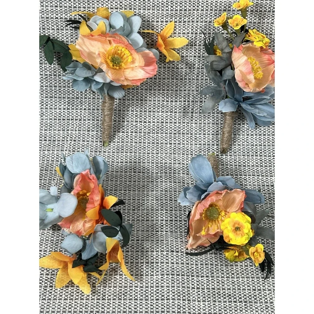 6 Pcs Apricot & Blue Boutonnieres